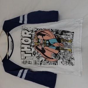 White and blue Thor graphic comic book shirt